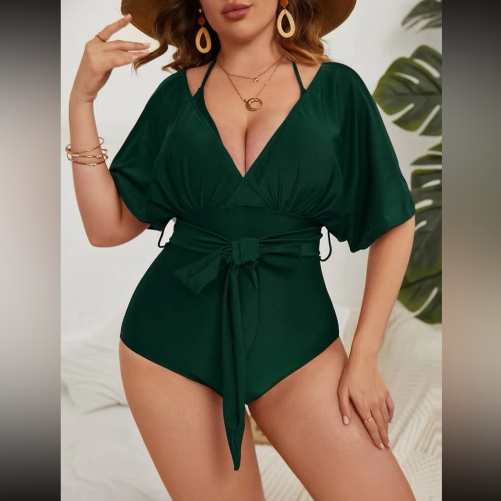 SHEIN swim chicsea plus solid belted one piece swimsuit summer